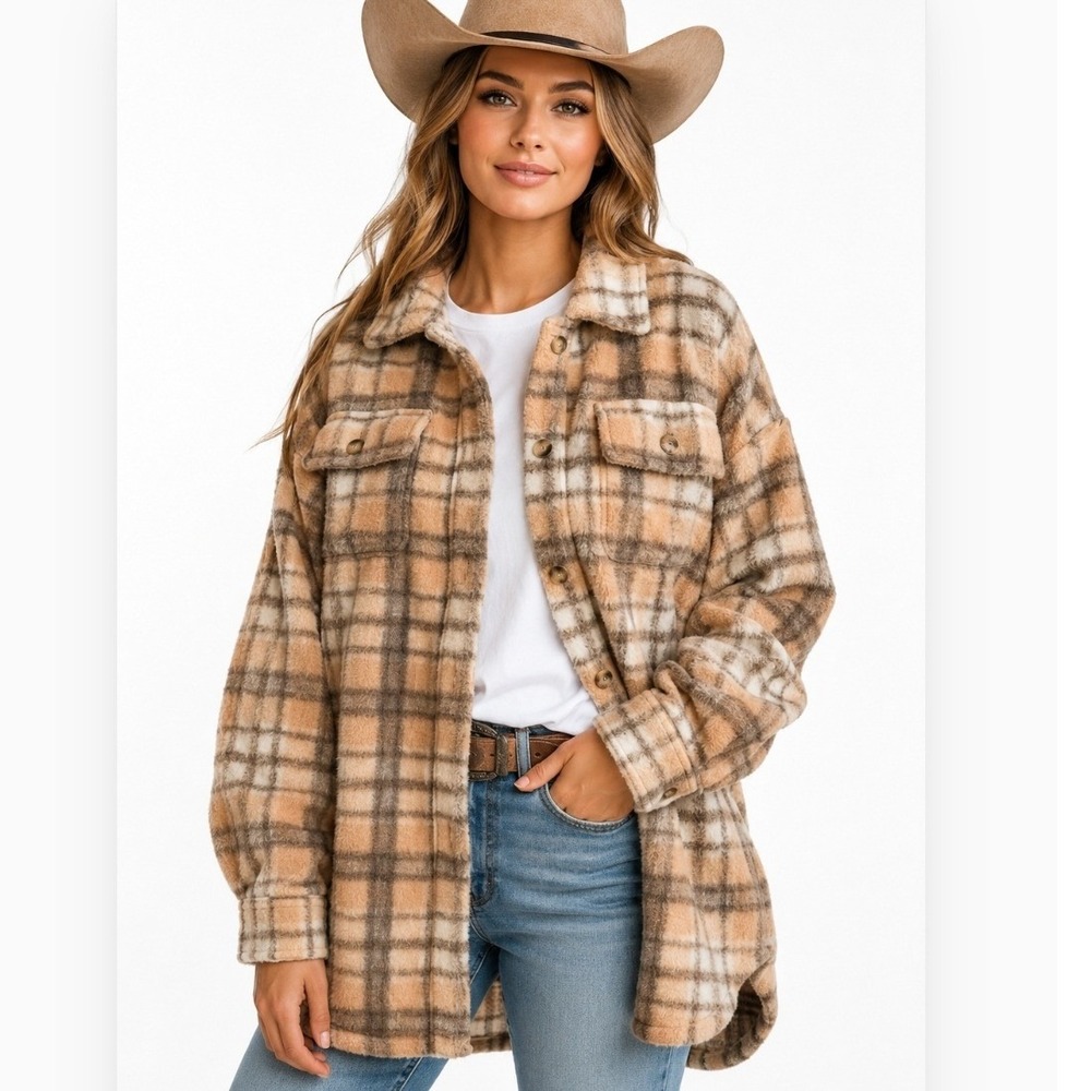 AnnieWear Plaid Fuzzy Shacket Oversized Button Front Jacket Cozy Shirt Jacket XL